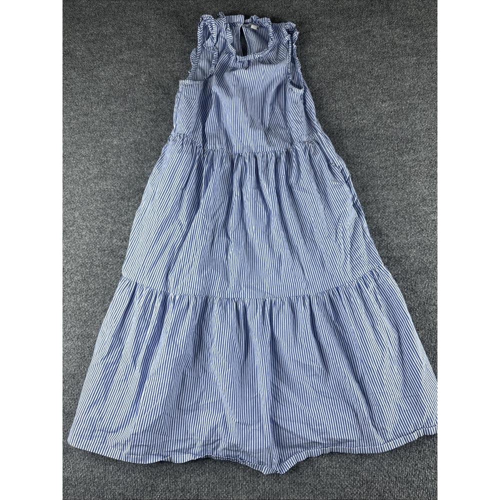 J. Crew Blue White Stripe Seersucker Tiered Midi Dress Ruffle Neck and Sleeve 00